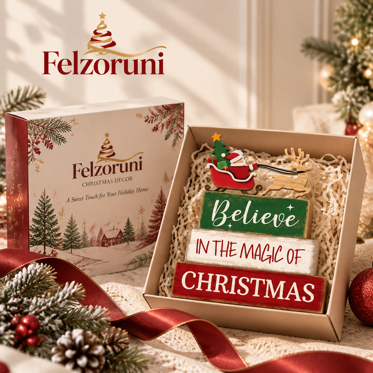 Felzoruni® Christmas Wooden Book Stack & Santa Tiered Tray Decor Set