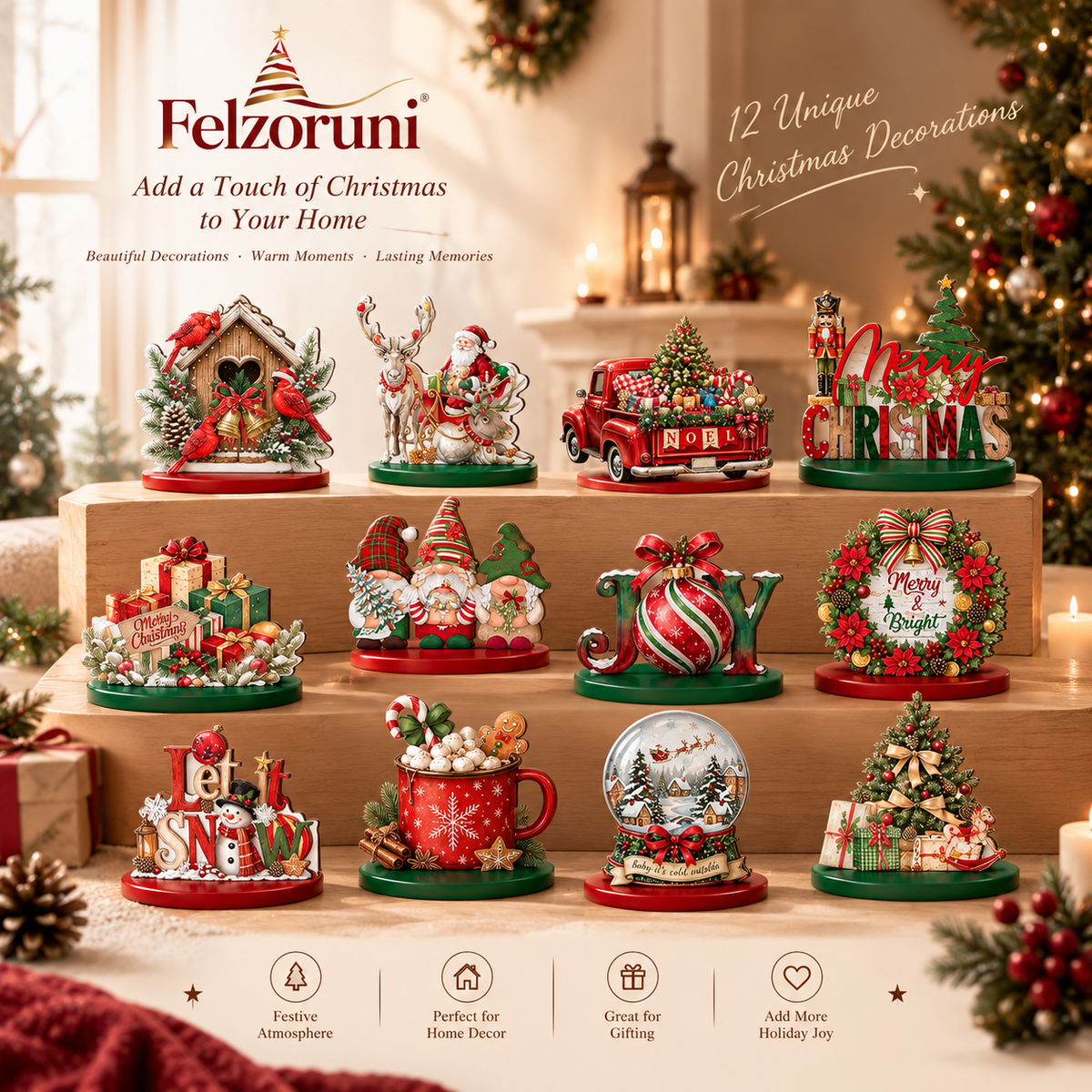 Felzoruni® 12-Piece Wooden Christmas Tabletop Decorations