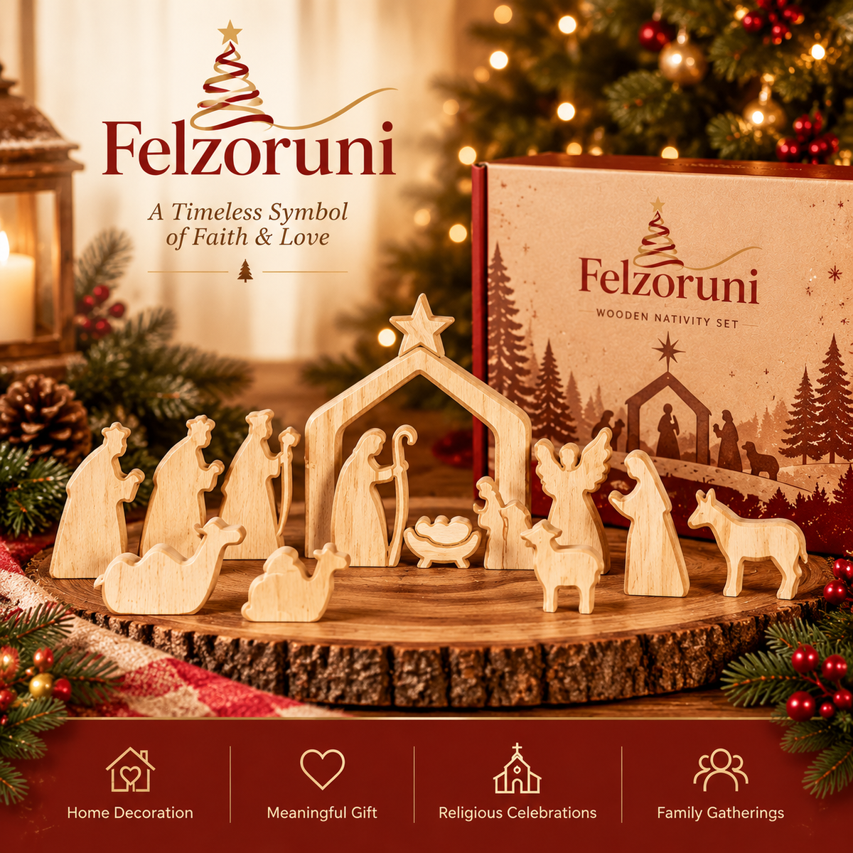 Felzoruni® Wooden Christmas Story Scene Decoration Set