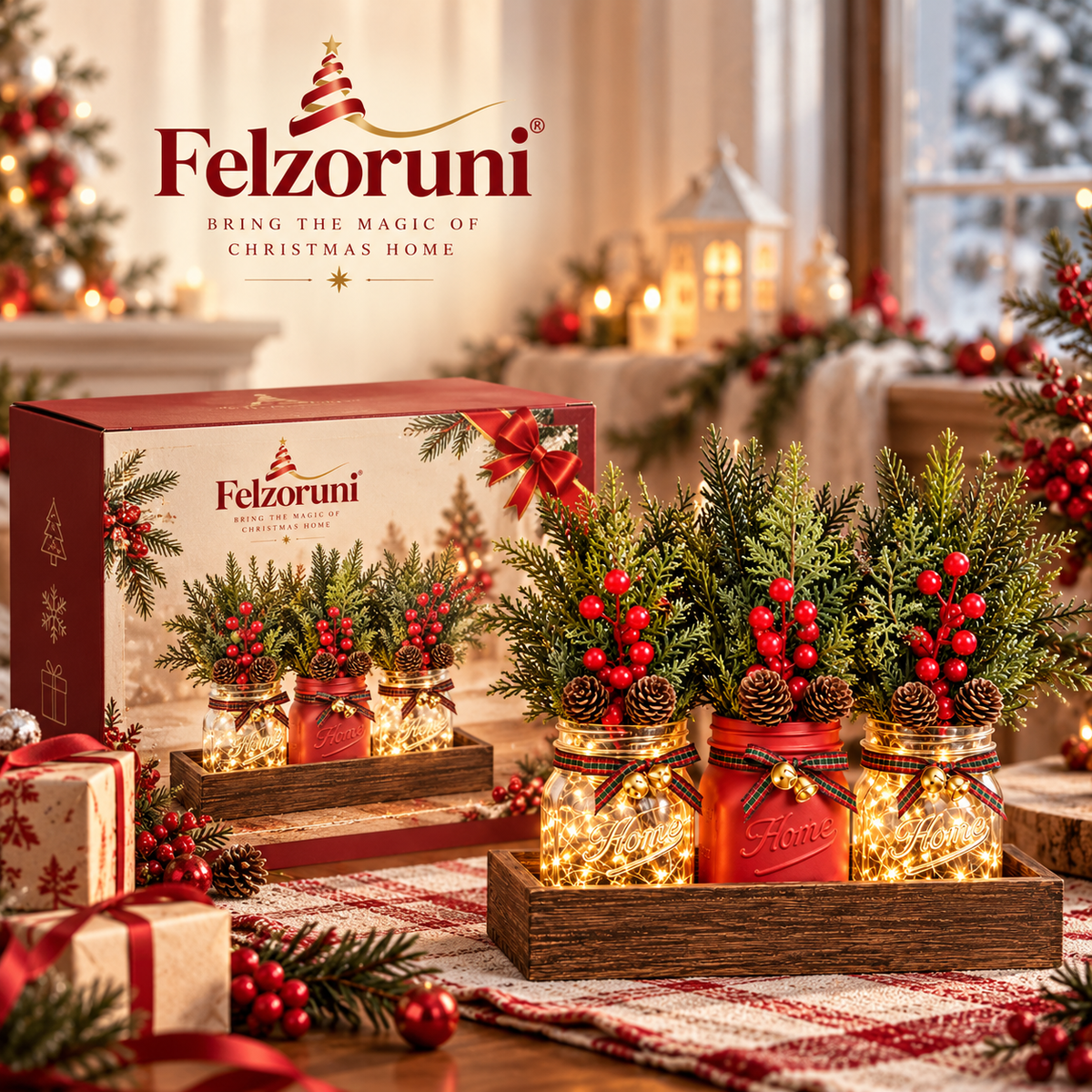 Felzoruni® Rustic Christmas Mason Jar Centerpiece with Pine Accents