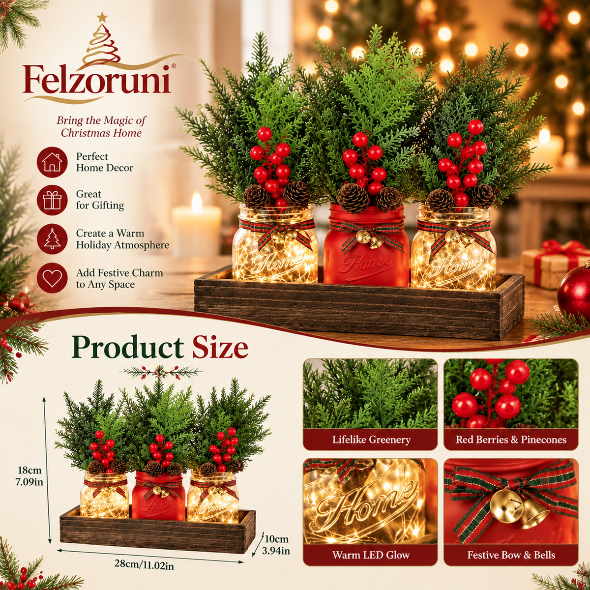 Felzoruni® Rustic Christmas Mason Jar Centerpiece with Pine Accents