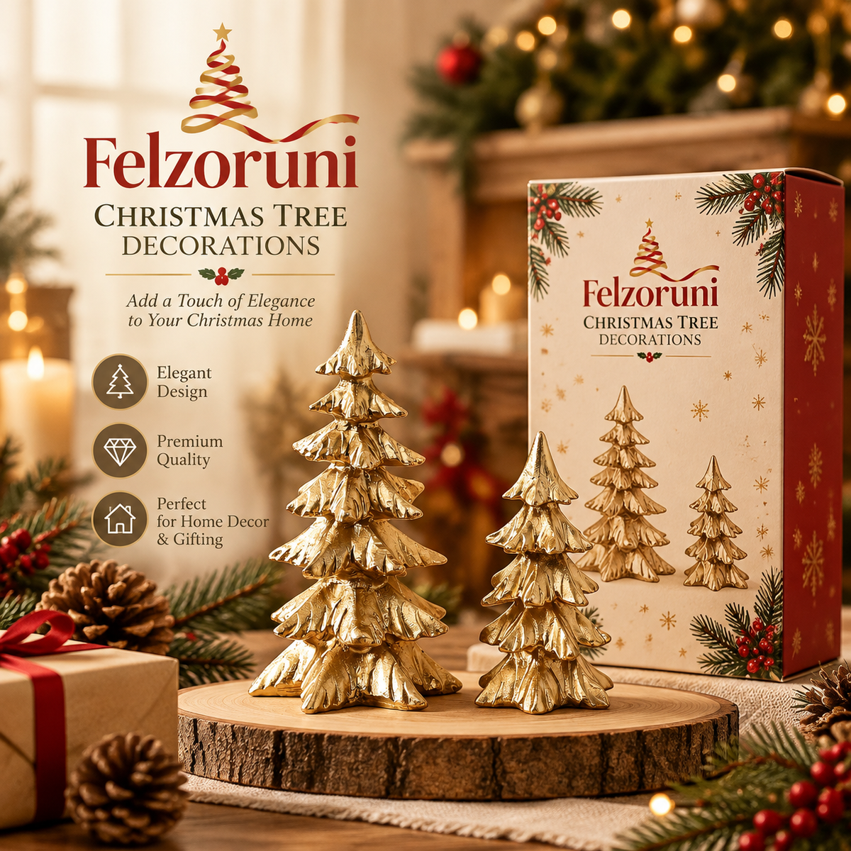 Felzoruni® Gold Pine Tree Christmas Tabletop Decoration Set