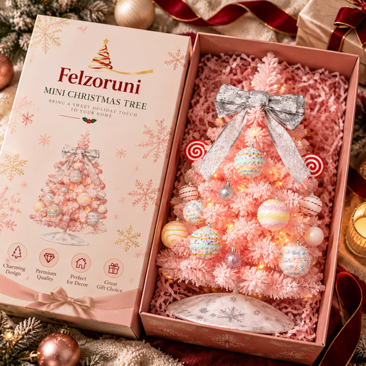 Felzoruni® Pink Flocked Christmas Tree Tabletop Decoration Set