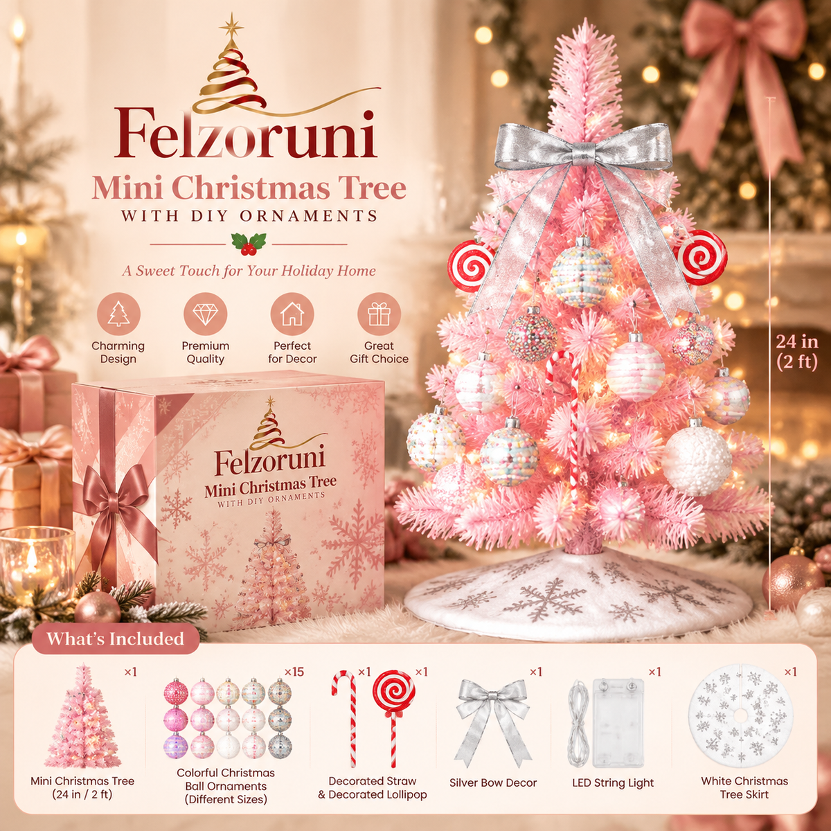 Felzoruni® Pink Flocked Christmas Tree Tabletop Decoration Set