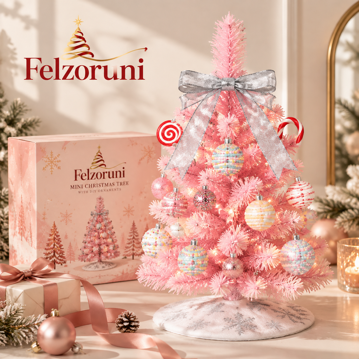 Felzoruni® Pink Flocked Christmas Tree Tabletop Decoration Set