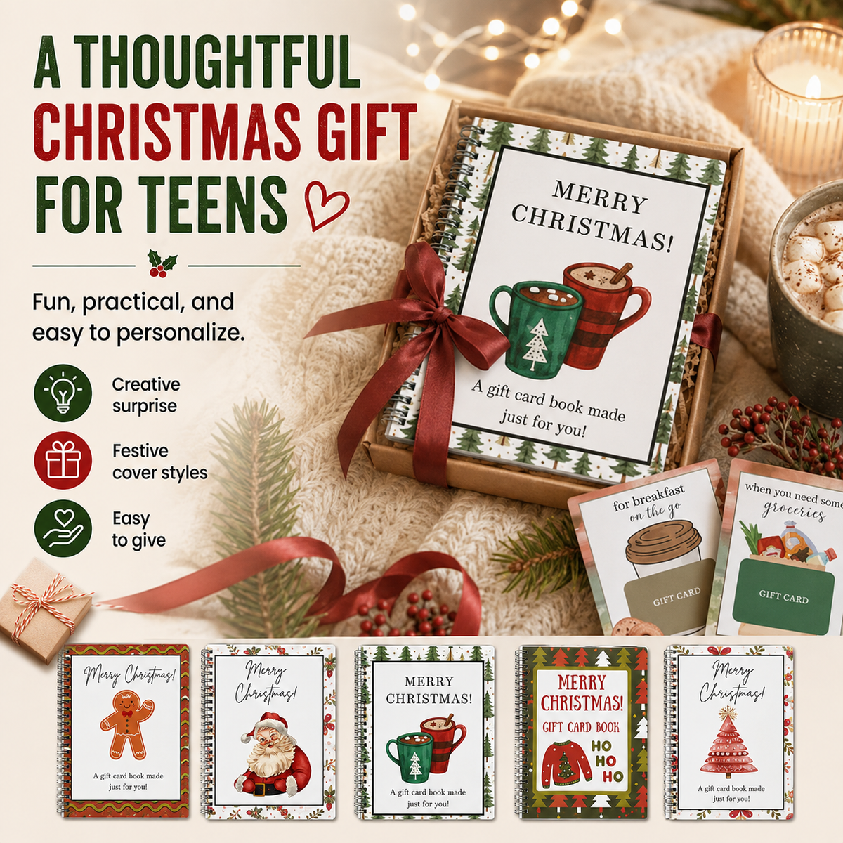 Felzoruni®🔥🎁70% OFF!!!-Ready for Christmas!🎅Christmas Gift Card Booklet -👍DIY Spiral-Bound Christmas Gift Card Holder Book